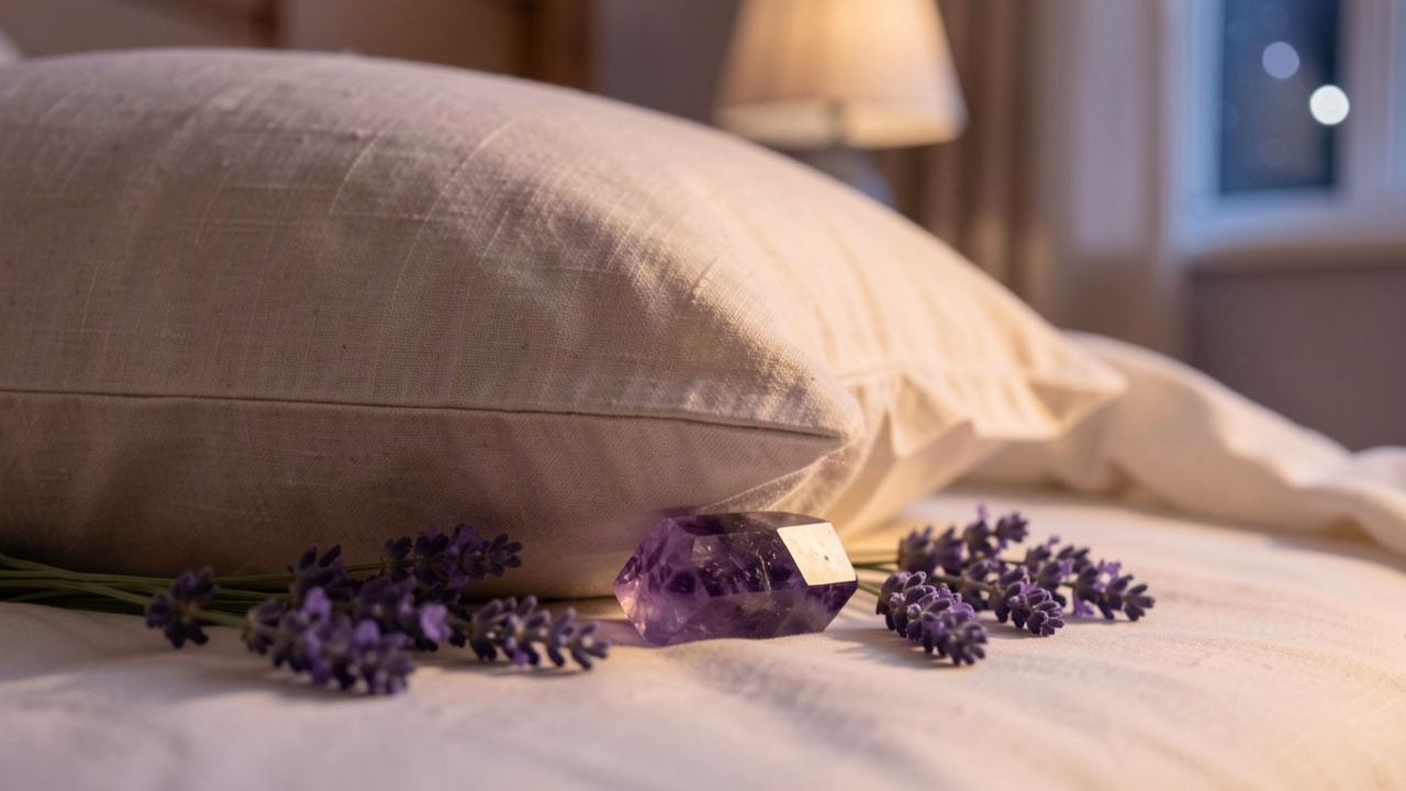 Améthyste violette placée sous le coin d’un oreiller en lin dans une chambre éclairée par une douce lumière nocturne.