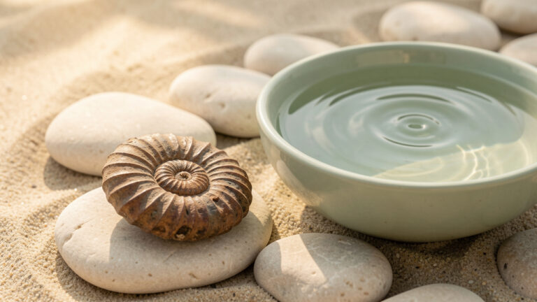 Un ammonite fossile posé sur des pierres claires près d’un bol d’eau calme, dans une lumière douce évoquant la respiration et l’équilibre intérieur.