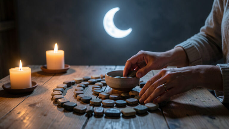 Sur une table en bois, une femme place avec soin des pierres d’abondance disposées en spirale sous la lumière douce d’un croissant de lune, évoquant un nouveau départ.