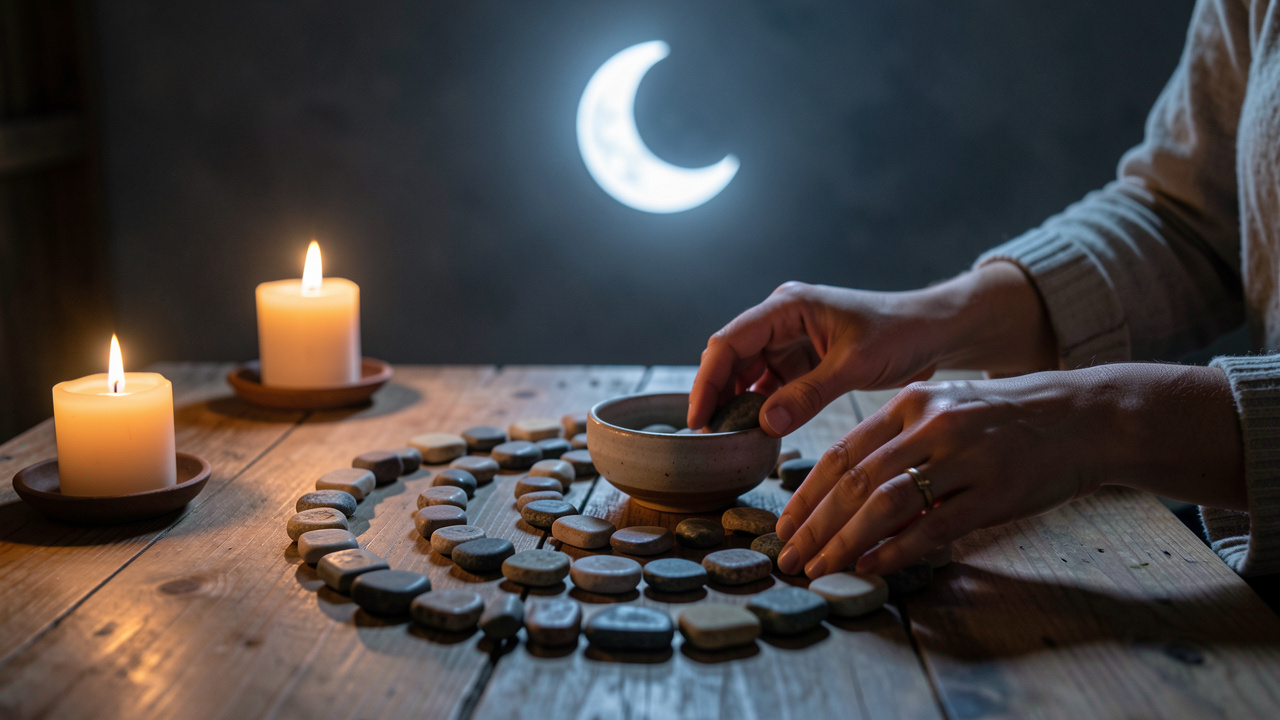 Sur une table en bois, une femme place avec soin des pierres d’abondance disposées en spirale sous la lumière douce d’un croissant de lune, évoquant un nouveau départ.