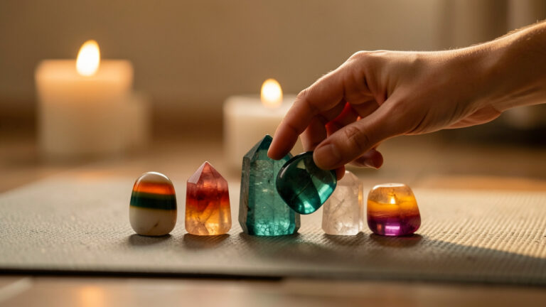 Plan rapproché et apaisant d’un ensemble de pierres polies disposées en arc autour d’un tapis de méditation, éclairées par une lumière chaude, avec une main qui place délicatement un cristal.
