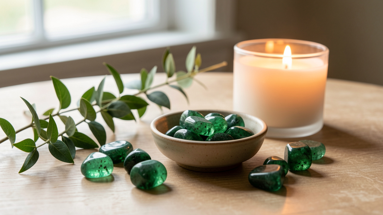 Pierres d’aventurine verte polies disposées avec une coupelle en céramique, des branches feuillues et une bougie dans une ambiance douce et apaisante.
