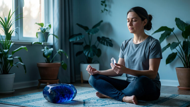 Une femme médite calmement près d’une pierre d’azurite bleue dans un intérieur paisible baigné de lumière douce.