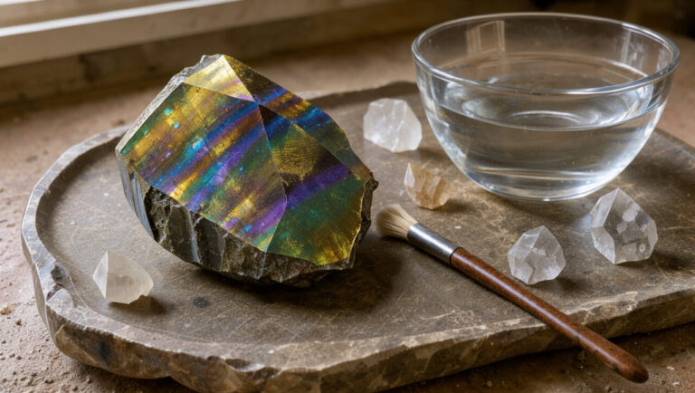 Spécimen de chalcopyrite aux reflets dorés, violets et bleus posé sur un plateau en pierre, avec une brosse douce, un bol d’eau et des cristaux séparés.