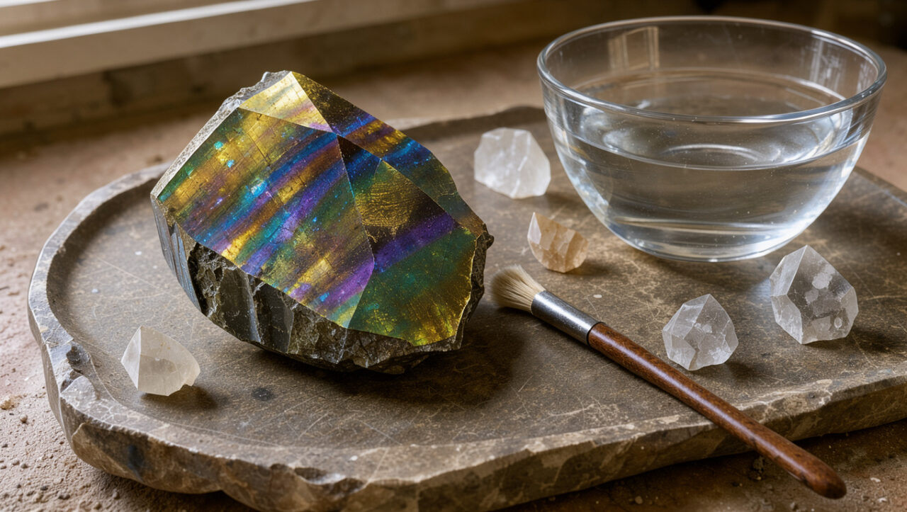 Spécimen de chalcopyrite aux reflets dorés, violets et bleus posé sur un plateau en pierre, avec une brosse douce, un bol d’eau et des cristaux séparés.
