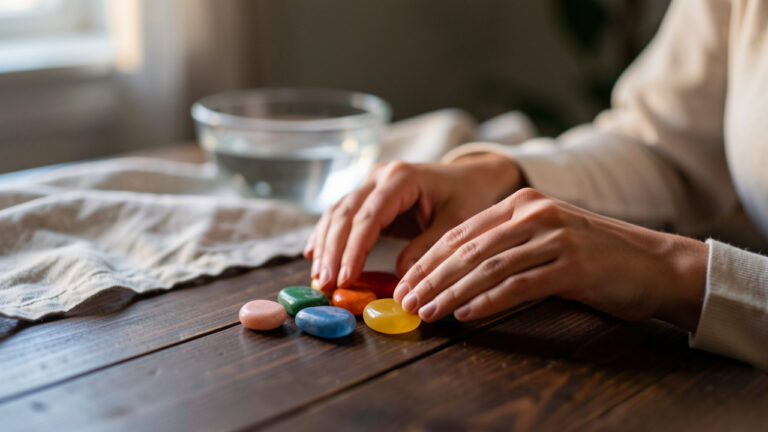 Des mains féminines disposant doucement des pierres polies sur une table en bois, lumière naturelle apaisante et ambiance de lithothérapie pour illustrer le choix selon l’état émotionnel.