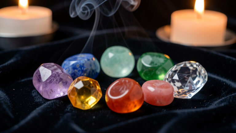 Composition en gros plan de sept cristaux disposés comme une roue des chakras, éclairés par des bougies et une atmosphère douce, avec de la fumée d’encens.