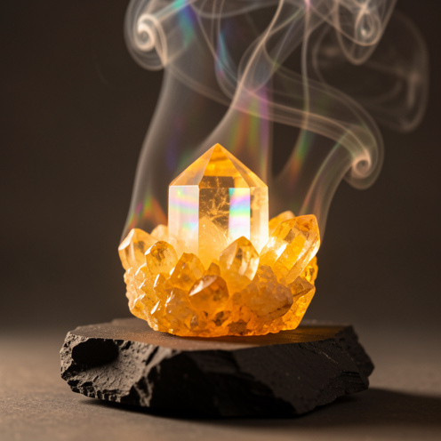 Gros plan d’un amas de cristal de citrine illuminé, avec une lumière dorée et une légère fumée d’encens évoquant purification et énergie des chakras.