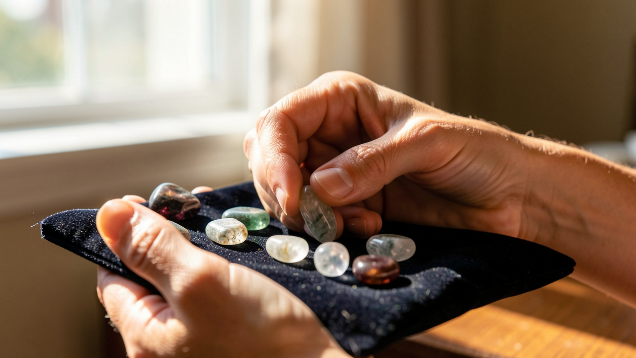 Des mains arrangent et choisissent des pierres précieuses polies sur un tissu en velours sombre, sous une lumière naturelle douce, évoquant une intention personnelle de bien-être.