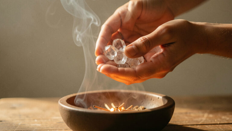 Mains tenant des pierres polies au-dessus d’un bol d’encens, avec une fumée légère et une ambiance apaisante pour évoquer une purification et un rechargement doux des cristaux.