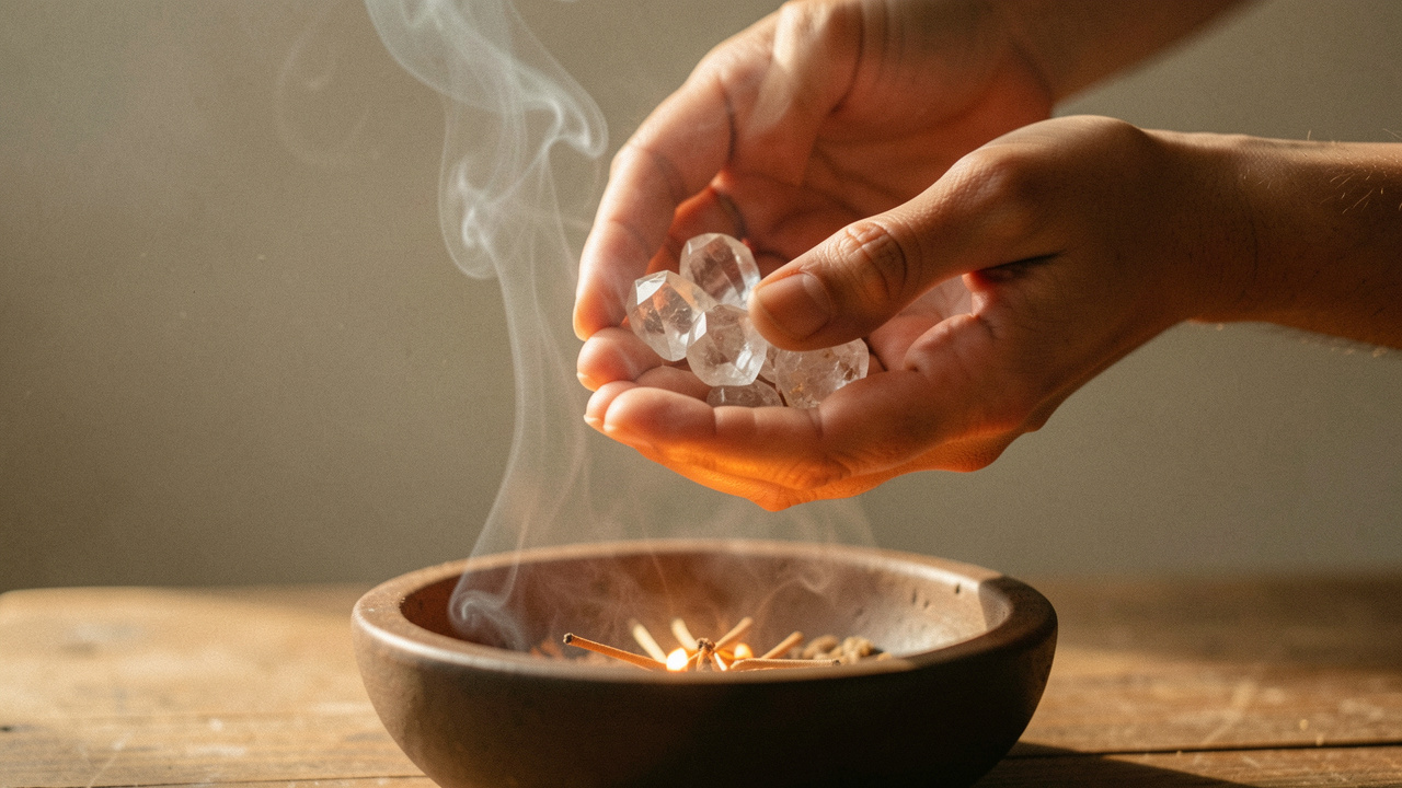 Mains tenant des pierres polies au-dessus d’un bol d’encens, avec une fumée légère et une ambiance apaisante pour évoquer une purification et un rechargement doux des cristaux.