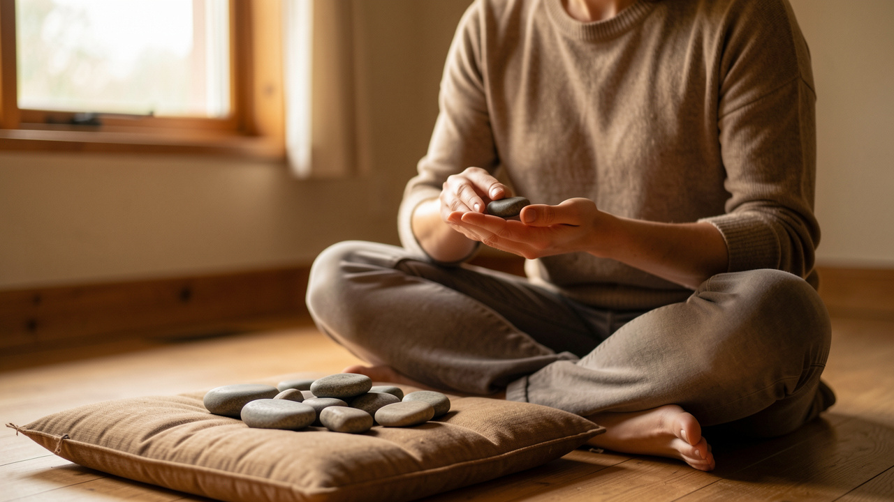 Des pierres de méditation disposées sur un coussin en bois, une femme assise en posture de méditation tenant une pierre près de sa main, lumière naturelle douce et ambiance calme pour favoriser l’ancrage et la concentration.