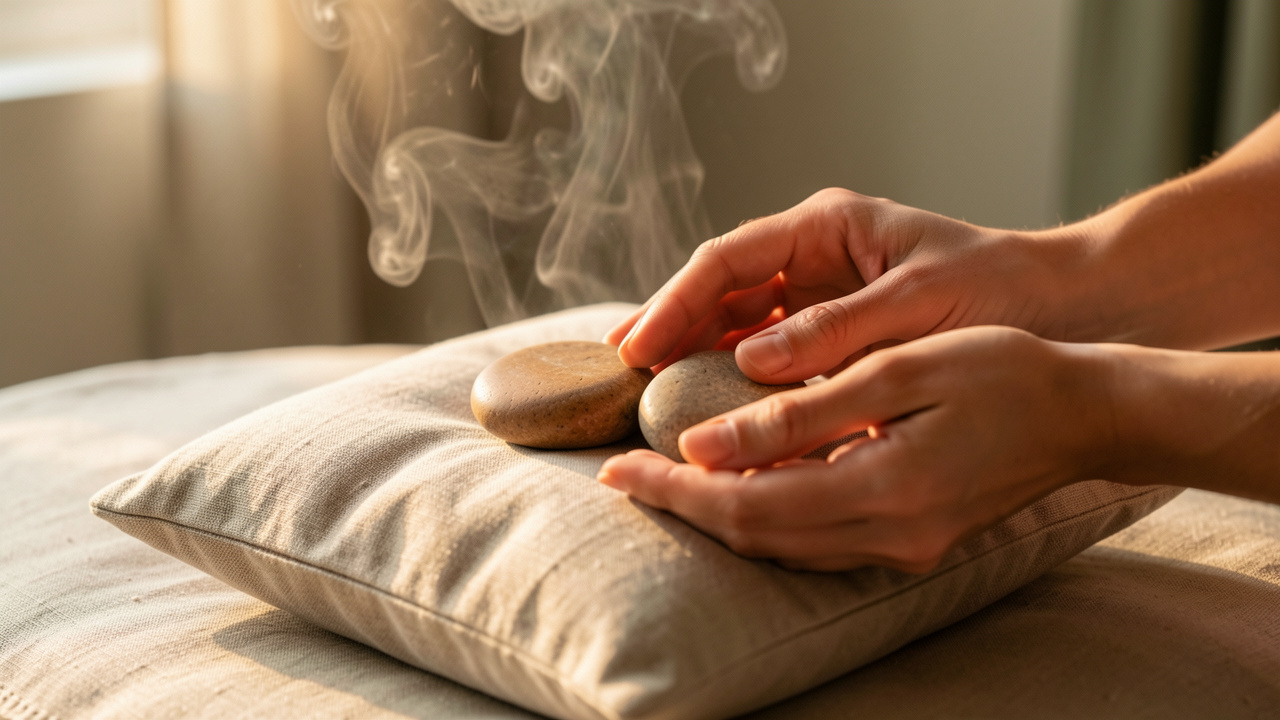 Des pierres de méditation lisses posées sur un coussin en lin, des mains les arrangeant doucement dans un espace intérieur paisible, lumière dorée et atmosphère apaisante.