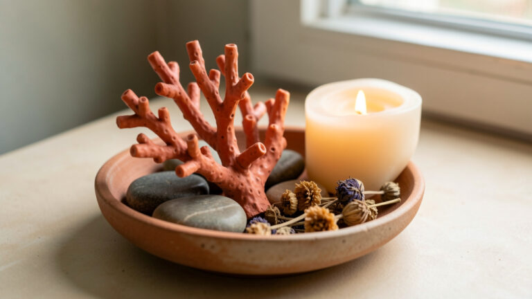 Composition apaisante avec un corail poli, des pierres d’ancrage, des plantes séchées et une bougie dans un rituel symbolique de protection douce.