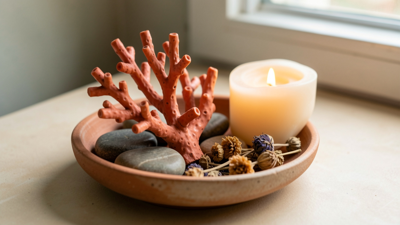 Composition apaisante avec un corail poli, des pierres d’ancrage, des plantes séchées et une bougie dans un rituel symbolique de protection douce.