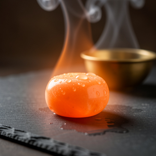 Gros plan réaliste d’une pierre cornaline orange polie, sur une ardoise sombre, avec des gouttes d’eau et une lumière chaude douce évoquant nettoyage et énergie spirituelle.