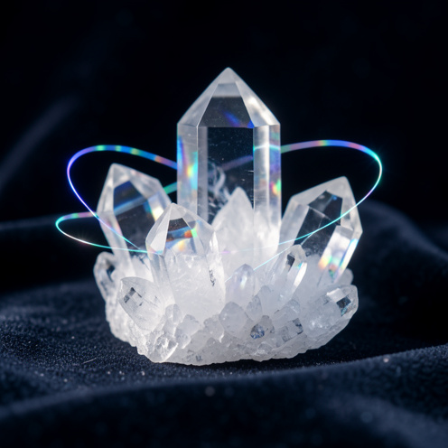 Gros plan réaliste d’un cristal de quartz transparent laissant échapper une lumière prismatique, avec des trajectoires lumineuses stylisées suggérant une programmation et une circulation d’énergie, sur fond sombre.
