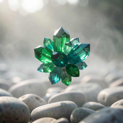 Grappes de cristaux d’apatite verts émeraude, éclairées par une lumière douce et apaisante, avec une atmosphère de méditation et quelques pierres lisses en arrière-plan.