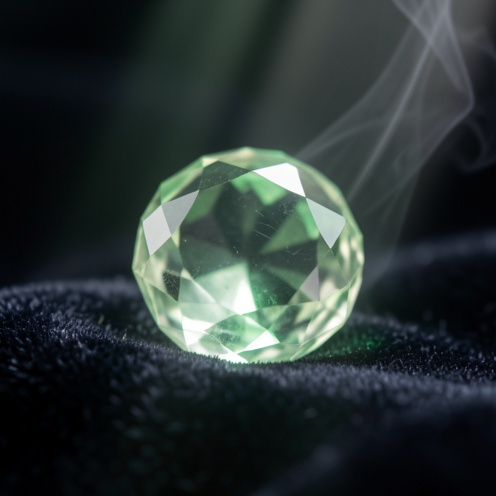 Gros plan réaliste d’une pierre précieuse danburite verte translucide sur un fond sombre, éclairée par une lumière douce et diffuse, avec un léger effet de brume.