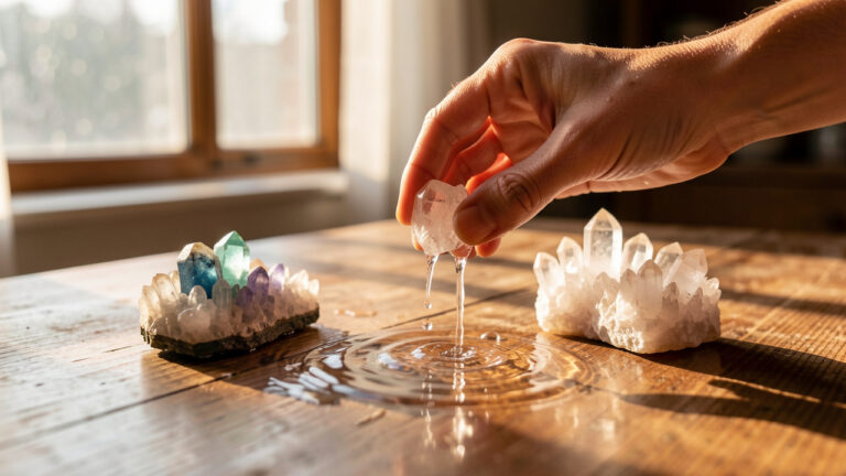 Photo réaliste de pierres et cristaux sur une table en bois, une main nettoie une pierre à l’eau claire puis la place près d’un autre cristal lumineux pour la recharge, lumière douce et ambiance apaisante.