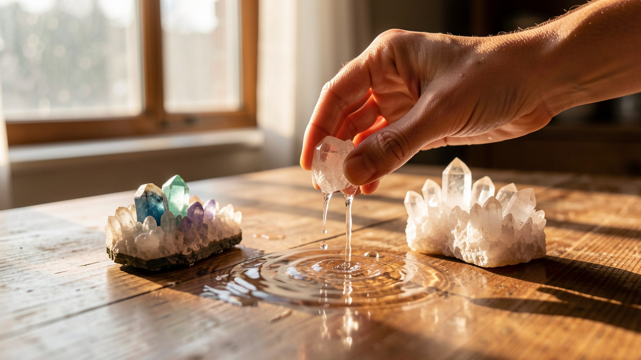 Photo réaliste de pierres et cristaux sur une table en bois, une main nettoie une pierre à l’eau claire puis la place près d’un autre cristal lumineux pour la recharge, lumière douce et ambiance apaisante.