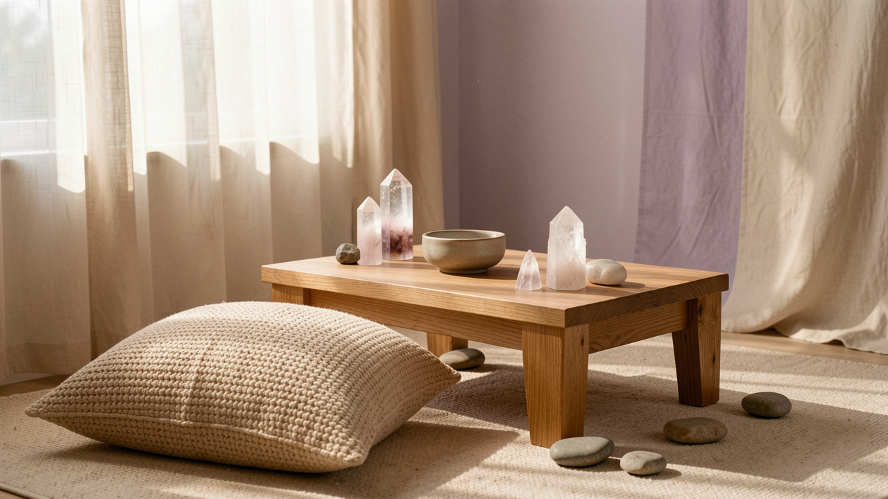 Coin de méditation paisible avec des cristaux de quartz, des pierres lisses, un coussin tissé et une lumière douce aux tons beige et lavande.