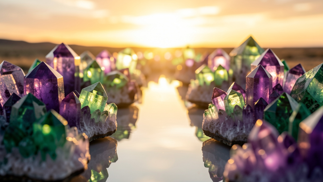 Cristaux de fluorite violets et verts disposés autour d’un chemin central éclairé par une lumière dorée, évoquant la clarté des priorités et l’accueil des opportunités.