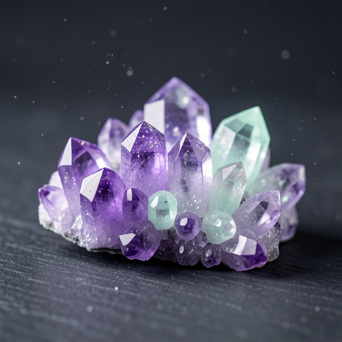 Gros plan de cristaux de fluorite violette aux reflets vert amande, lumière douce et ambiance contemplative, arrière-plan sombre.