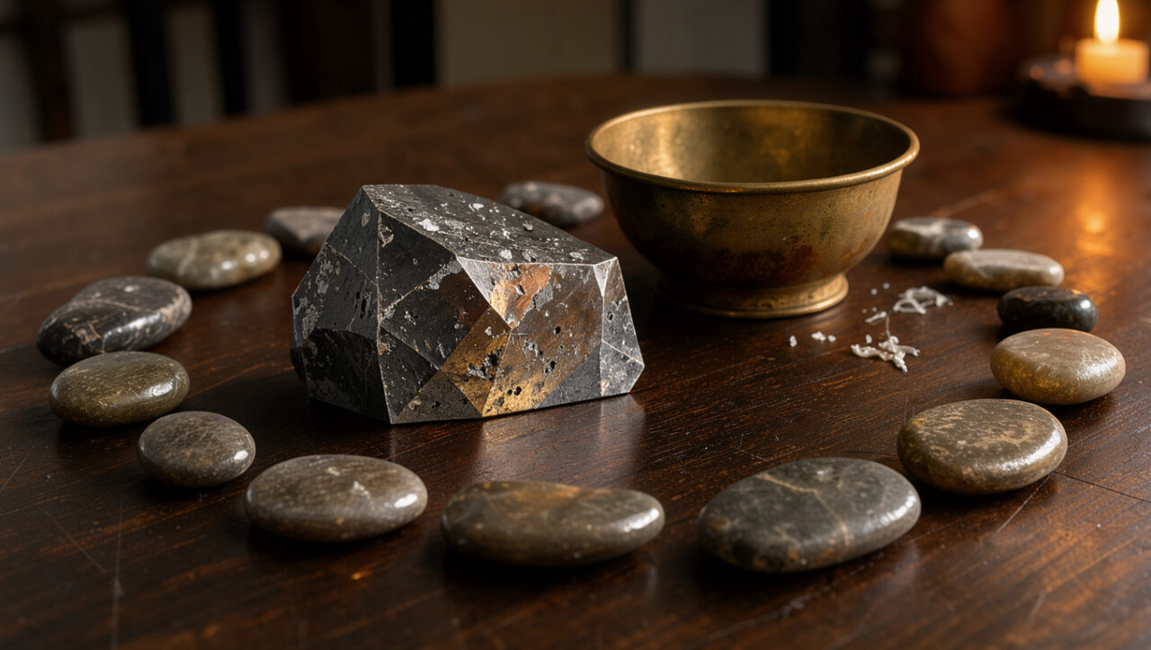 Composition symbolique avec une pierre de galène, un bol en laiton et des pierres dorées disposés en cercle, évoquant l’introspection, l’abondance et la prise de décisions concrètes.