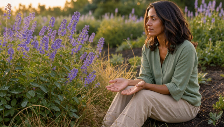 Une femme médite sereinement au lever du jour parmi des fleurs d’héliotrope violettes, dans un jardin paisible.