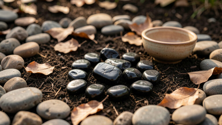 Pierres d’hématite polies disposées sur de la terre sombre avec des galets, des feuilles séchées et un bol en céramique, dans une ambiance naturelle et apaisante.