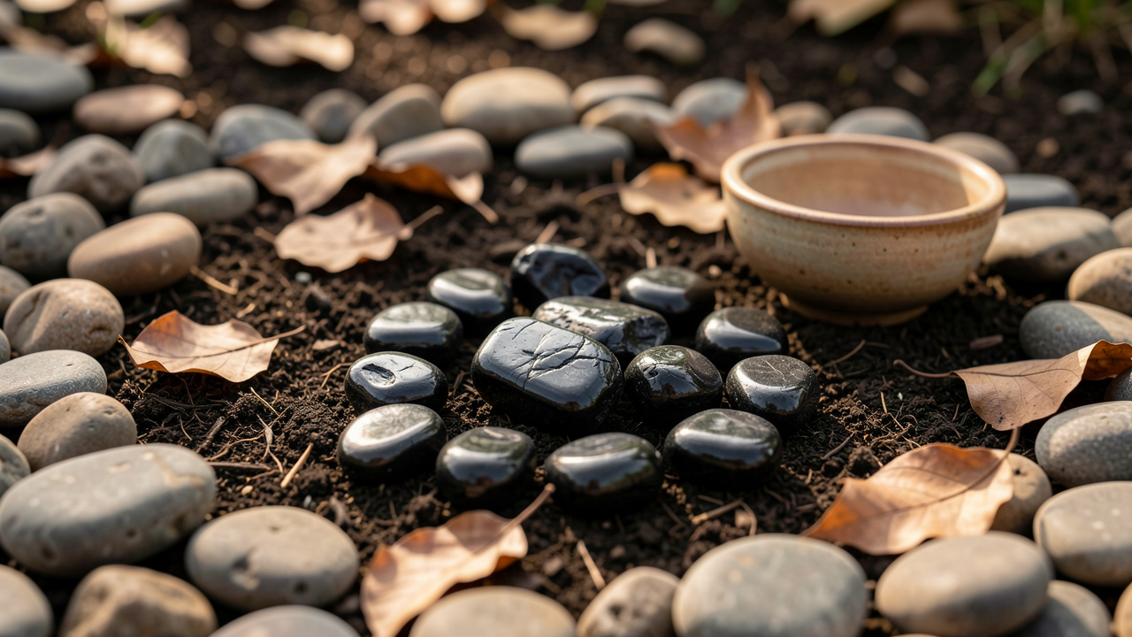 Pierres d’hématite polies disposées sur de la terre sombre avec des galets, des feuilles séchées et un bol en céramique, dans une ambiance naturelle et apaisante.