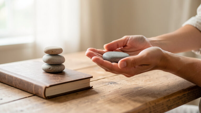 Pierres de lithothérapie posées sur une table de méditation pendant une pratique de respiration et de recentrage, mains tenant une pierre, lumière naturelle douce et ambiance calme.