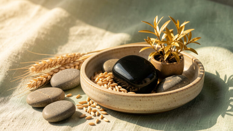 Composition sereine avec une pierre de jais noir, des galets, des grains de blé et une petite plante dorée symbolisant l’ancrage et l’abondance.