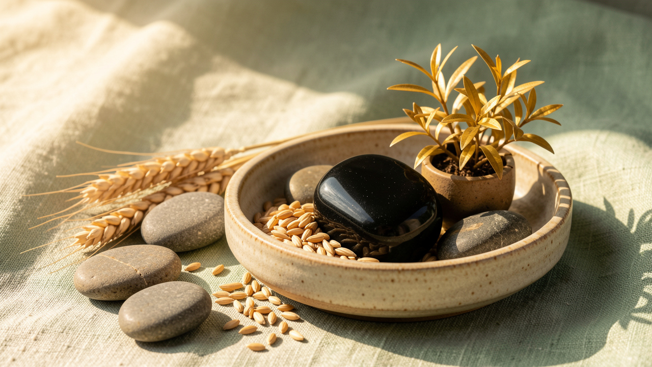 Composition sereine avec une pierre de jais noir, des galets, des grains de blé et une petite plante dorée symbolisant l’ancrage et l’abondance.