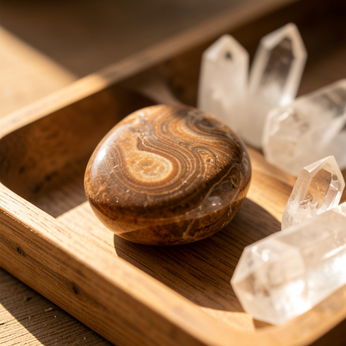 Gros plan réaliste d’une pierre de jaspe marron aux motifs tourbillonnants, éclairée par la lumière du matin, avec quelques cristaux de quartz disposés sur un plateau en bois pour évoquer une recharge d’énergie.