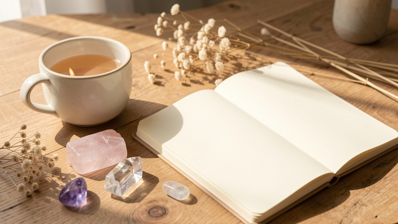 Carnet ouvert sans inscription entouré de pierres naturelles, d’une tasse en céramique et de fleurs séchées sur une table en bois baignée de lumière douce.