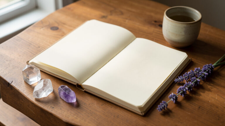 Journal de méditation ouvert aux pages vierges, entouré de cristaux, de lavande et d’une tasse en céramique sur une table en bois.