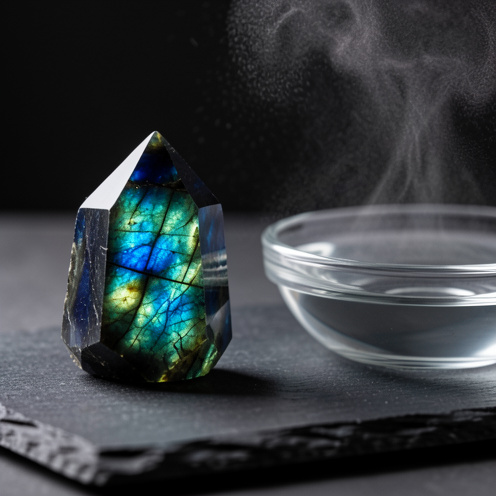 Gemme de labradorite polie aux reflets bleus et verts, posée sur une pierre sombre, avec un petit bol d’eau claire et une lumière cinématographique pour illustrer le pouvoir, les vertus et le rechargement.