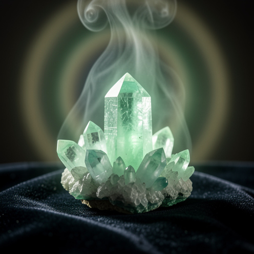 Gros plan réaliste d’un cristal d’angélite vert lumineux sur un tissu sombre, entouré de brume légère et de lueurs douces évoquant la purification et l’harmonie avec les chakras.