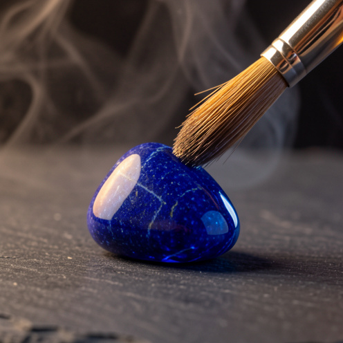 Gros plan d’une pierre de lapis-lazuli bleue, polie et veinee, pendant qu’un pinceau applique délicatement une huile minérale pour l’entretien et raviver l’éclat.