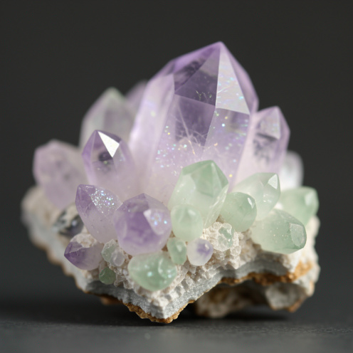 Gros plan réaliste d’un amas de cristal de lépidolite aux reflets lilas et vert pâle, éclairage doux, texture scintillante visible en macro.