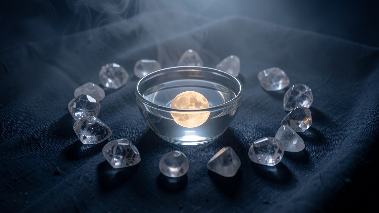 Gros plan de pierres précieuses posées sur un tissu sombre, éclairées par une lueur de lune et une légère eau réfléchissante, ambiance nocturne pour évoquer l’adaptation des pierres aux phases lunaires.