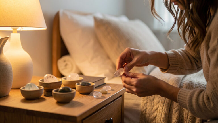 Dans une chambre paisible, une femme déplace délicatement quelques pierres posées sur une table de nuit, sous une lumière chaude et tamisée, afin de choisir des associations favorables au sommeil.