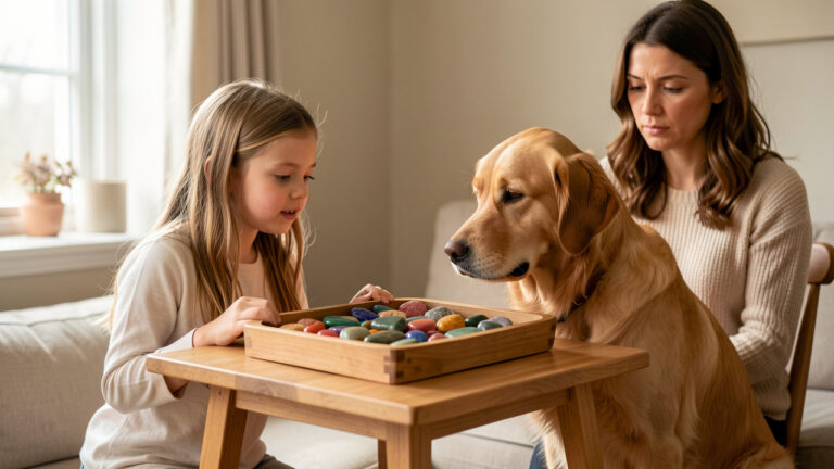 Une fillette et un chien observent des pierres polies posées en sécurité sur une table, sous la supervision attentive d’une femme.