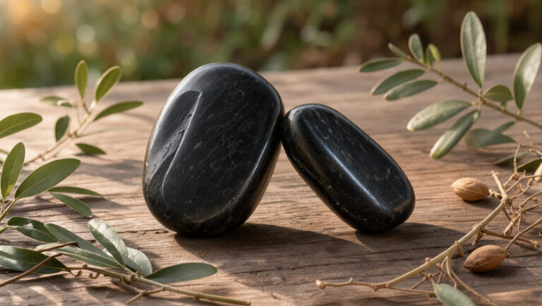 Deux pierres de magnétite polies en équilibre, entourées de feuillage dans une lumière douce, évoquant l’harmonie émotionnelle au sein d’une relation.