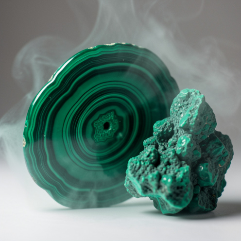 Gros plan réaliste d’une pierre de malachite verte polie et d’un amas minéral, éclairés en studio, avec une légère brume lumineuse évoquant purification et transformation.