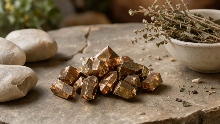 Groupe de cristaux de marcassite aux reflets bronze doré posé sur une pierre naturelle, entouré de galets clairs, d’herbes séchées et d’un petit bol en céramique dans une ambiance apaisante.