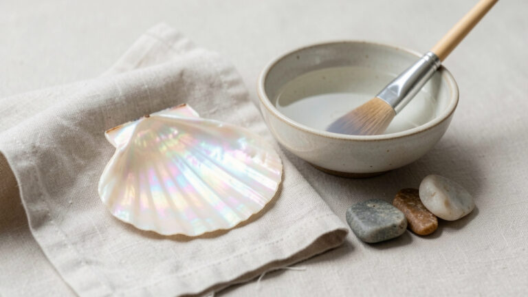 Coquille de nacre irisée posée sur un tissu en lin, accompagnée d’un bol d’eau, d’une brosse délicate et de pierres séparées pour illustrer son entretien et ses précautions d’utilisation.