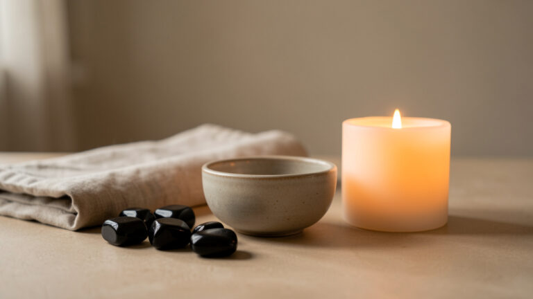Composition apaisante de pierres d’onyx noir, d’un bol en céramique, d’un tissu en lin et d’une bougie dans une ambiance méditative.